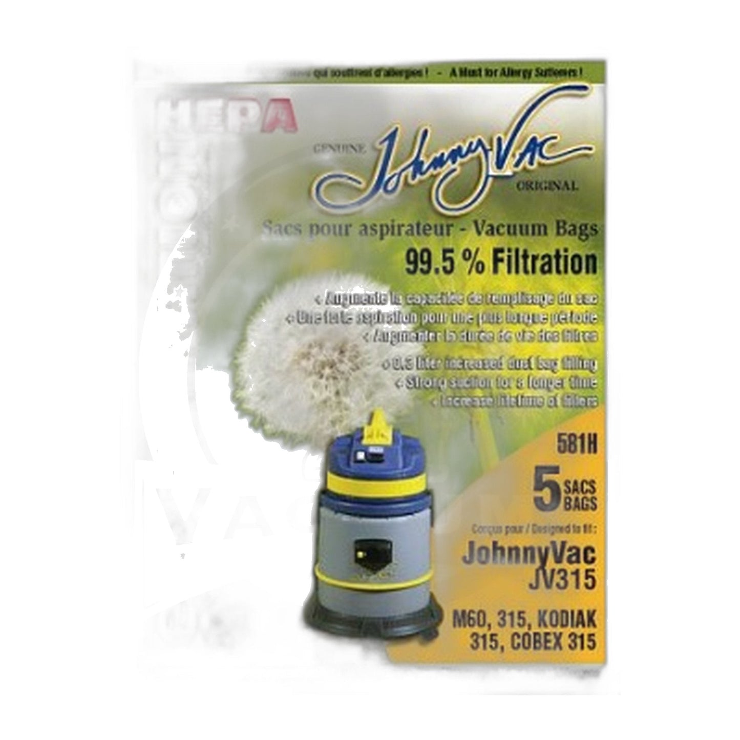 Johnny Vac HEPA Microfilter Bags for JV315, Kodiac 315, Cobex 315, M60 (5-Pack)