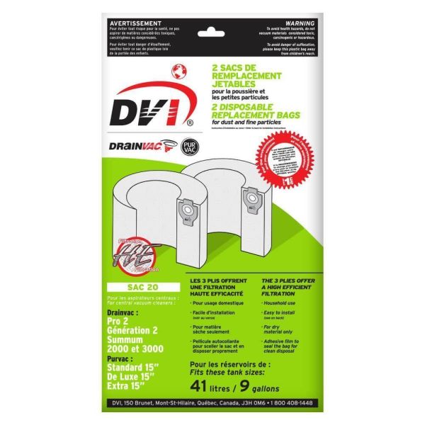 Drainvac SAC-20 central vacuum replacement bags, pack of 2 – U.S. packaging