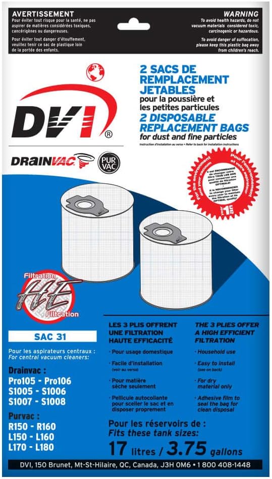 Drainvac SAC-31 central vacuum replacement bags, pack of 2 – U.S. packaging
