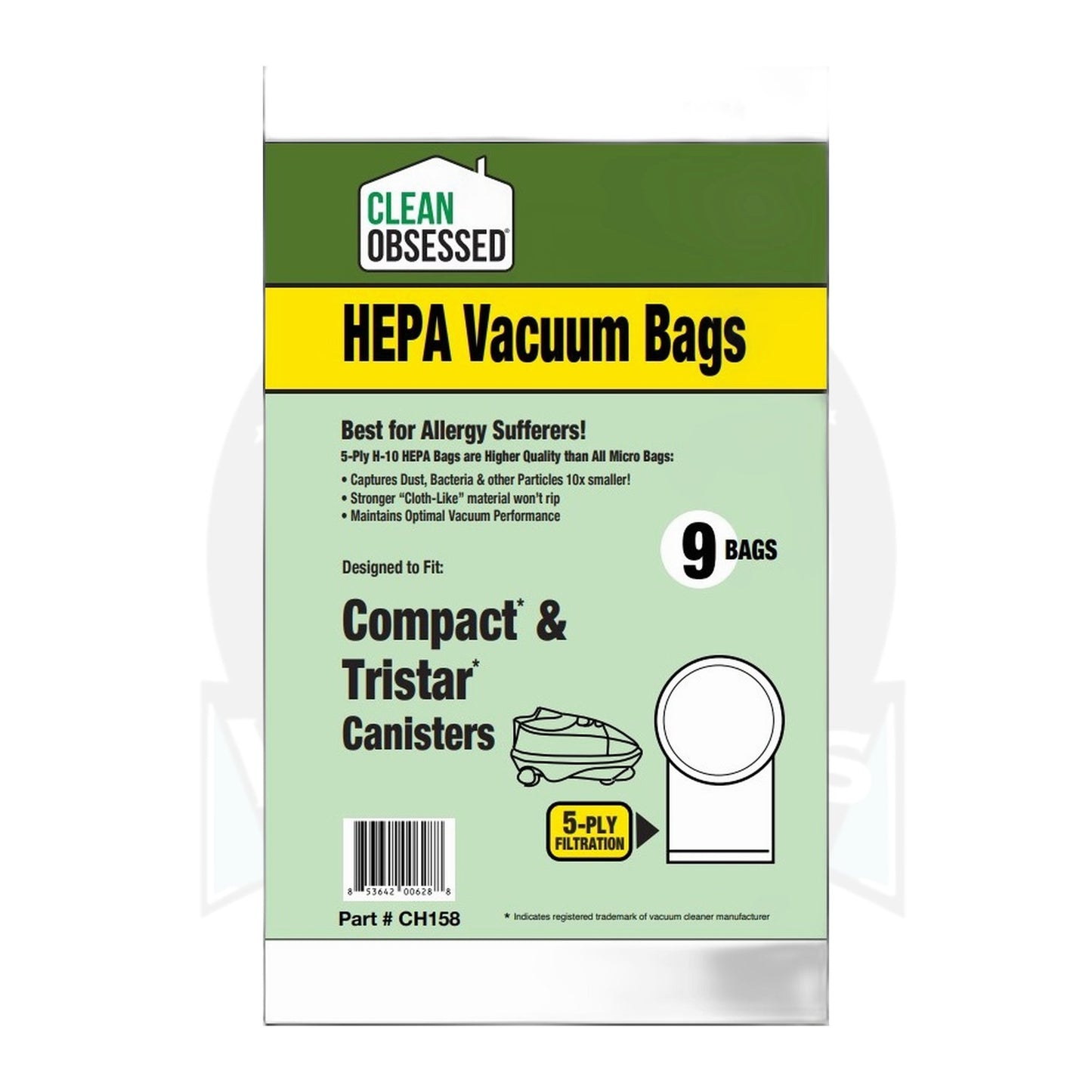 Clean Obsessed HEPA Bags for Compact / TriStar Canisters, 9-Pack