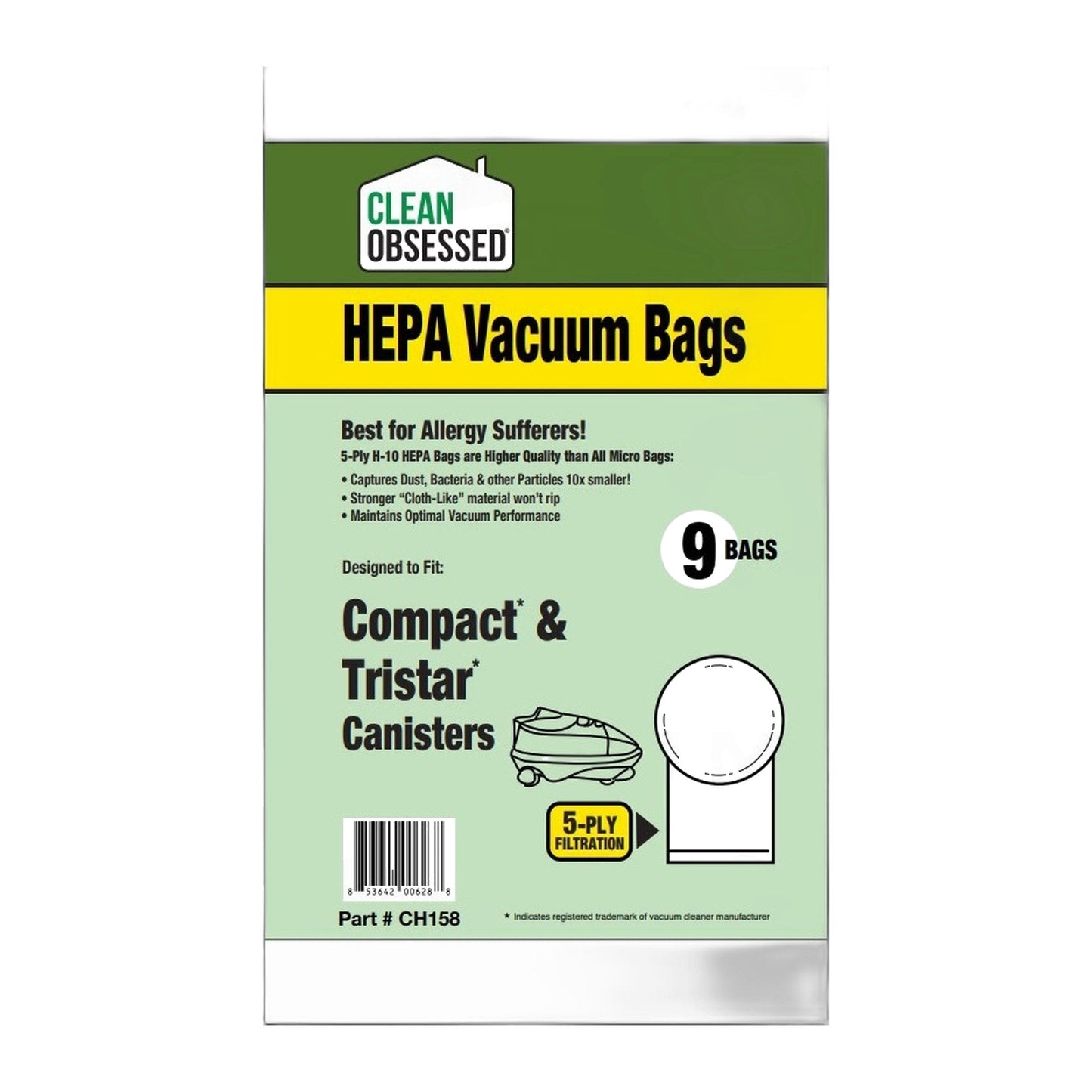 Clean Obsessed HEPA Bags for Compact / TriStar Canisters, 9-Pack