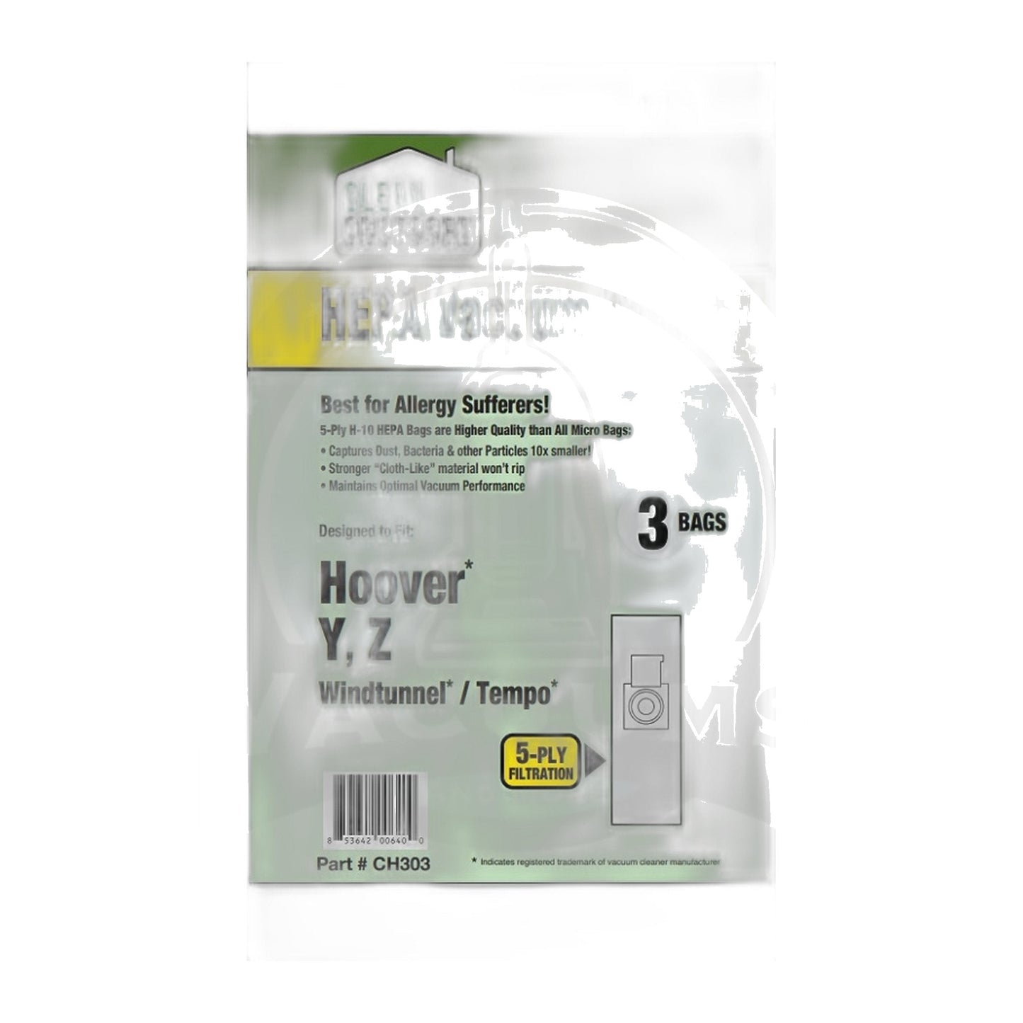 Clean Obsessed Hoover Type Y HEPA Vacuum Bags, 3-Pack (WindTunnel / Tempo)