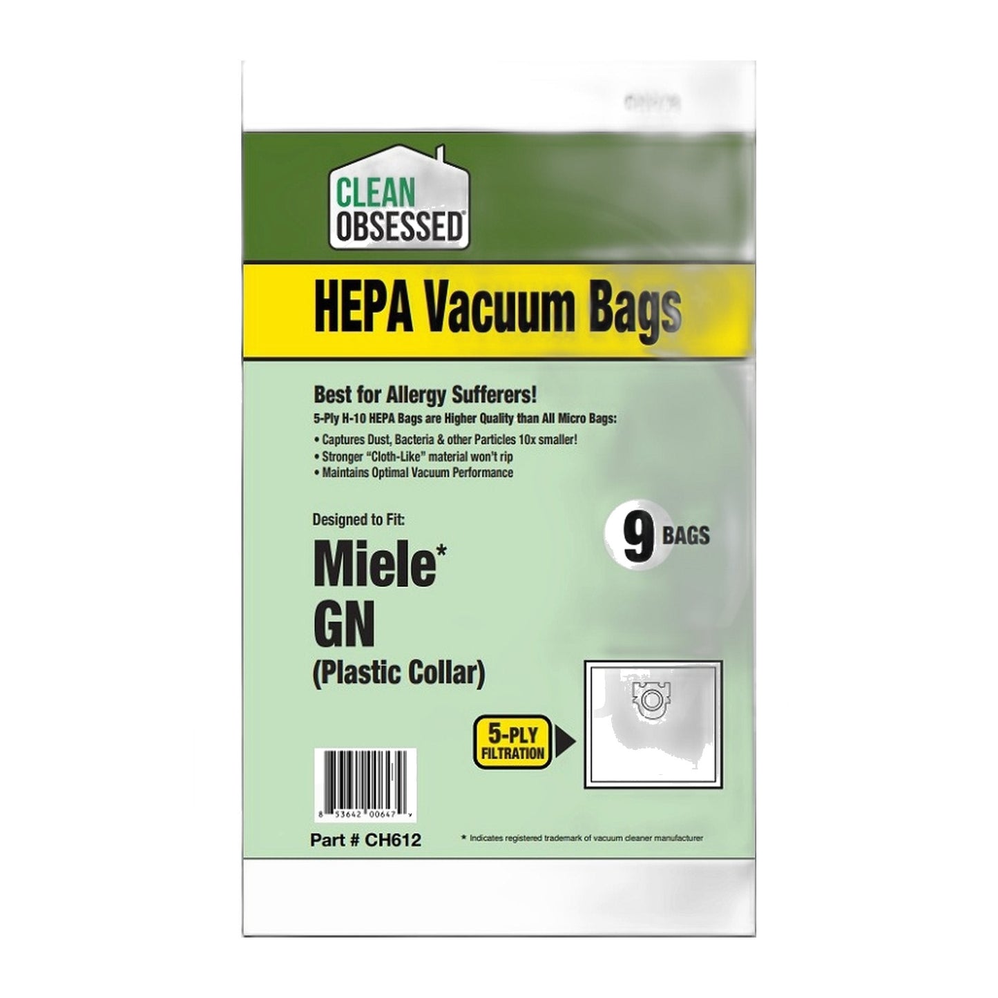 Clean Obsessed Miele Type GN HEPA Bags, 9-Pack, Blue Collar