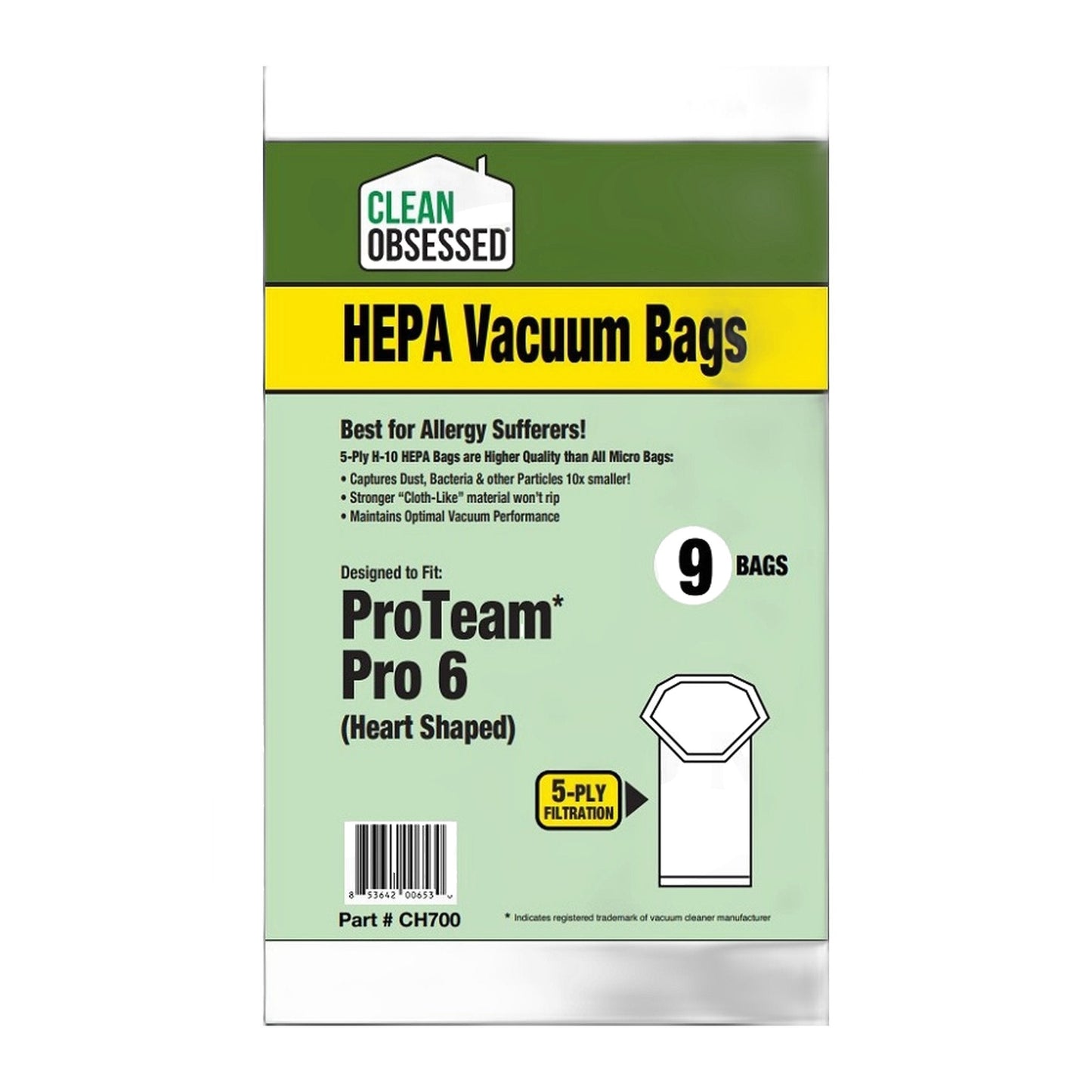 Clean Obsessed HEPA Bags for ProTeam Pro 6 & FS6 Backpack (9-Pack)