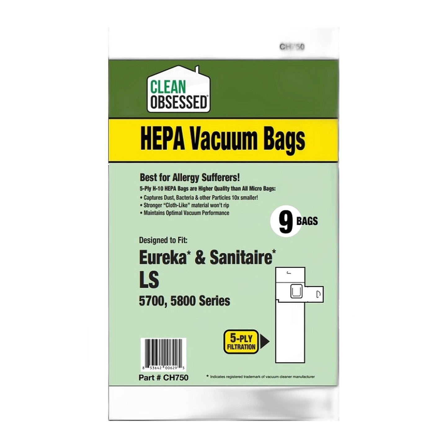 Clean Obsessed Type LS HEPA Vacuum Bags for Eureka/Sanitaire 5700 & 5800 (9-Pack)