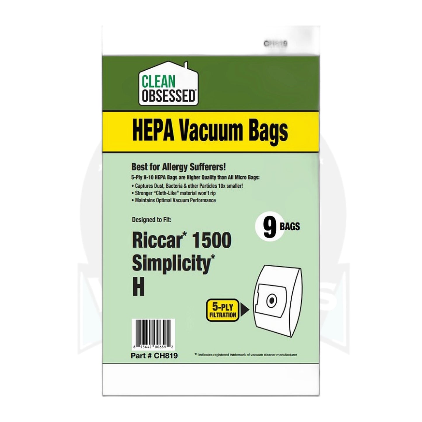 Clean Obsessed Type H Riccar 1500 / Prowler / Simplicity HEPA Bags, 9-Pack