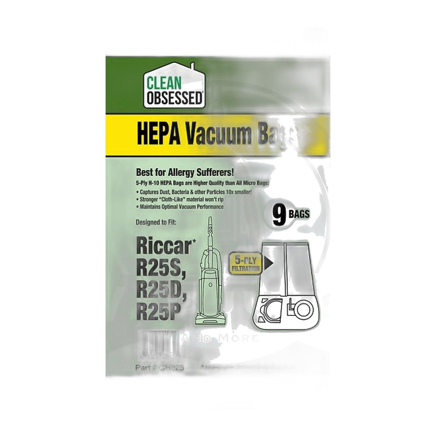Clean Obsessed Type R25 Riccar / Simplicity Upright HEPA Bags, 9-Pack