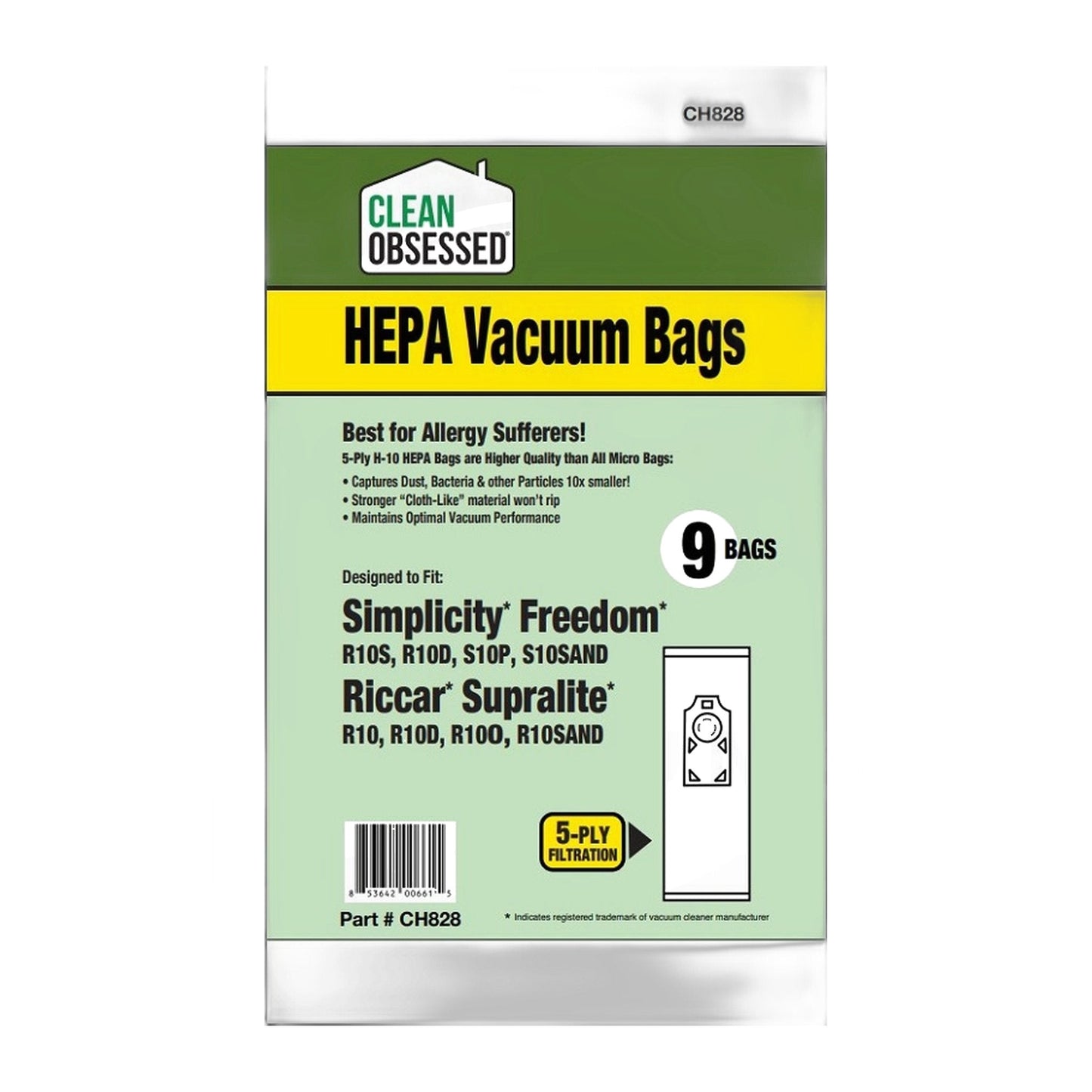 Clean Obsessed Type L Riccar SupraLite R10 / Simplicity S10 HEPA Bags, 9-Pack