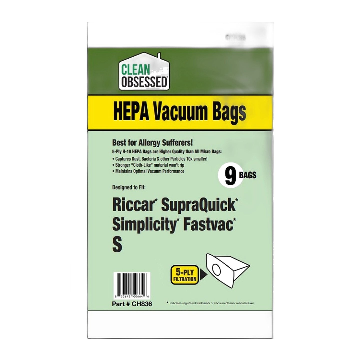 Clean Obsessed Type S HEPA Bags for Riccar SupraLite & Simplicity, 9-Pack