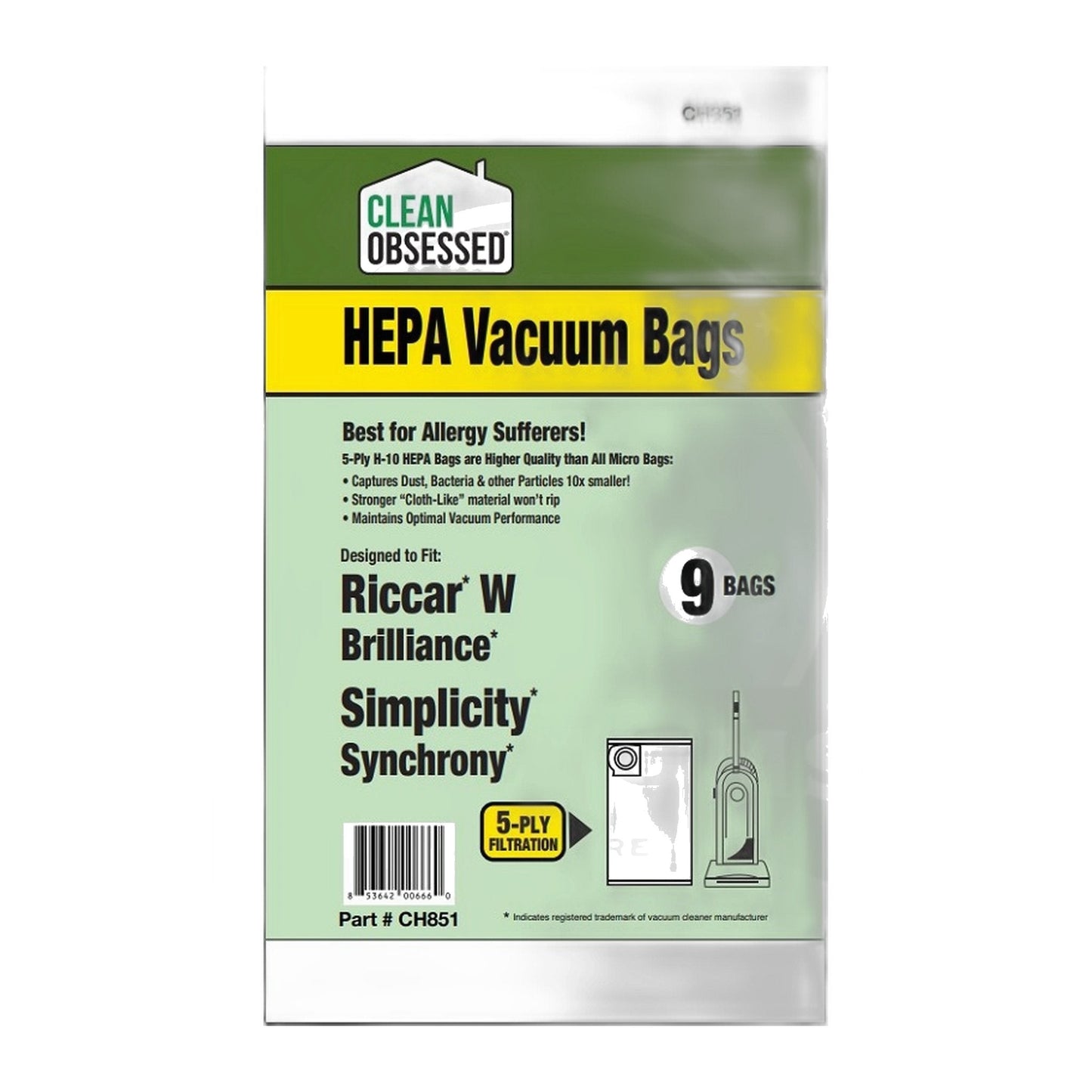 Clean Obsessed Type W HEPA Bags for Riccar Brilliance & Simplicity Synchrony, 9-Pack