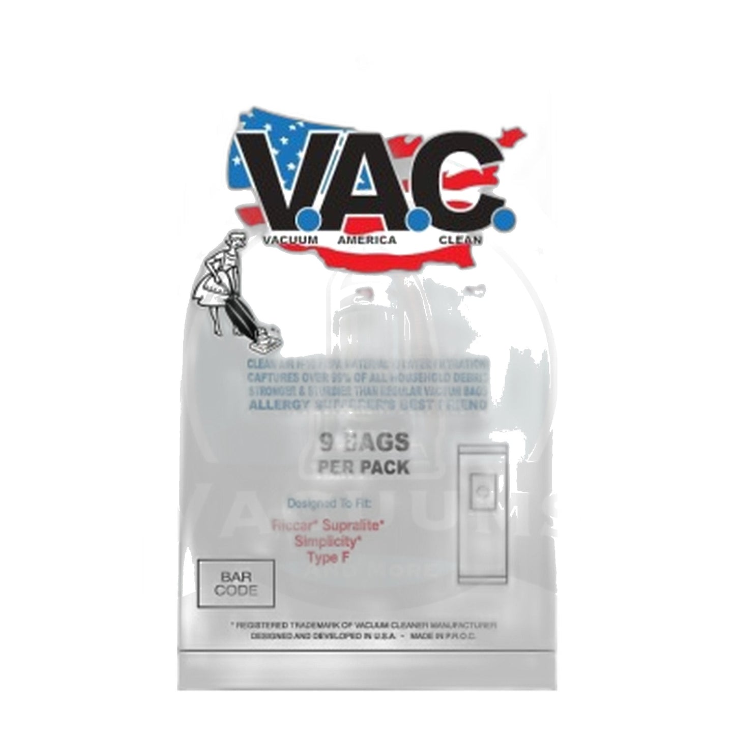 Perfect V.A.C. Type F HEPA Bags for Riccar SupraLite & Simplicity, 9-Pack