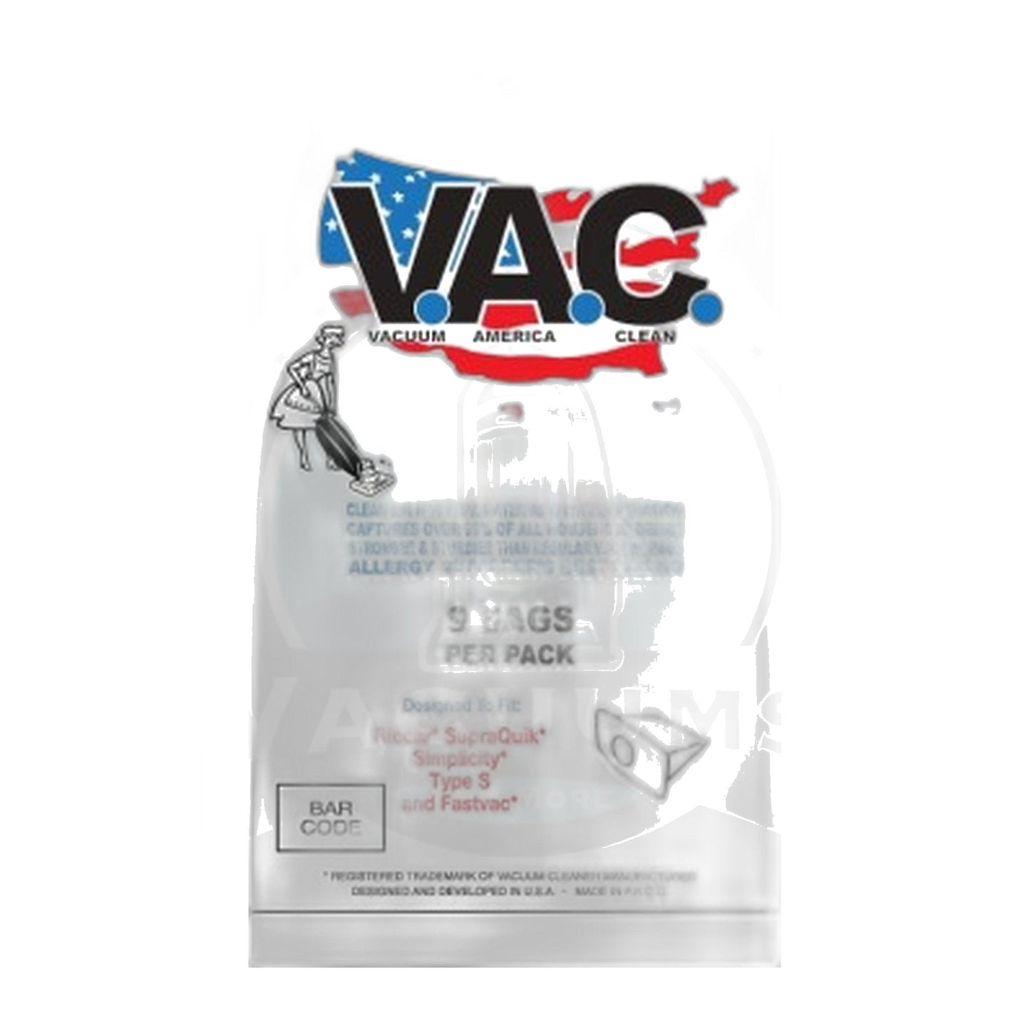 Perfect V.A.C. Type S HEPA Bags for Riccar SupraQuik & Simplicity FastVac, 9-Pack