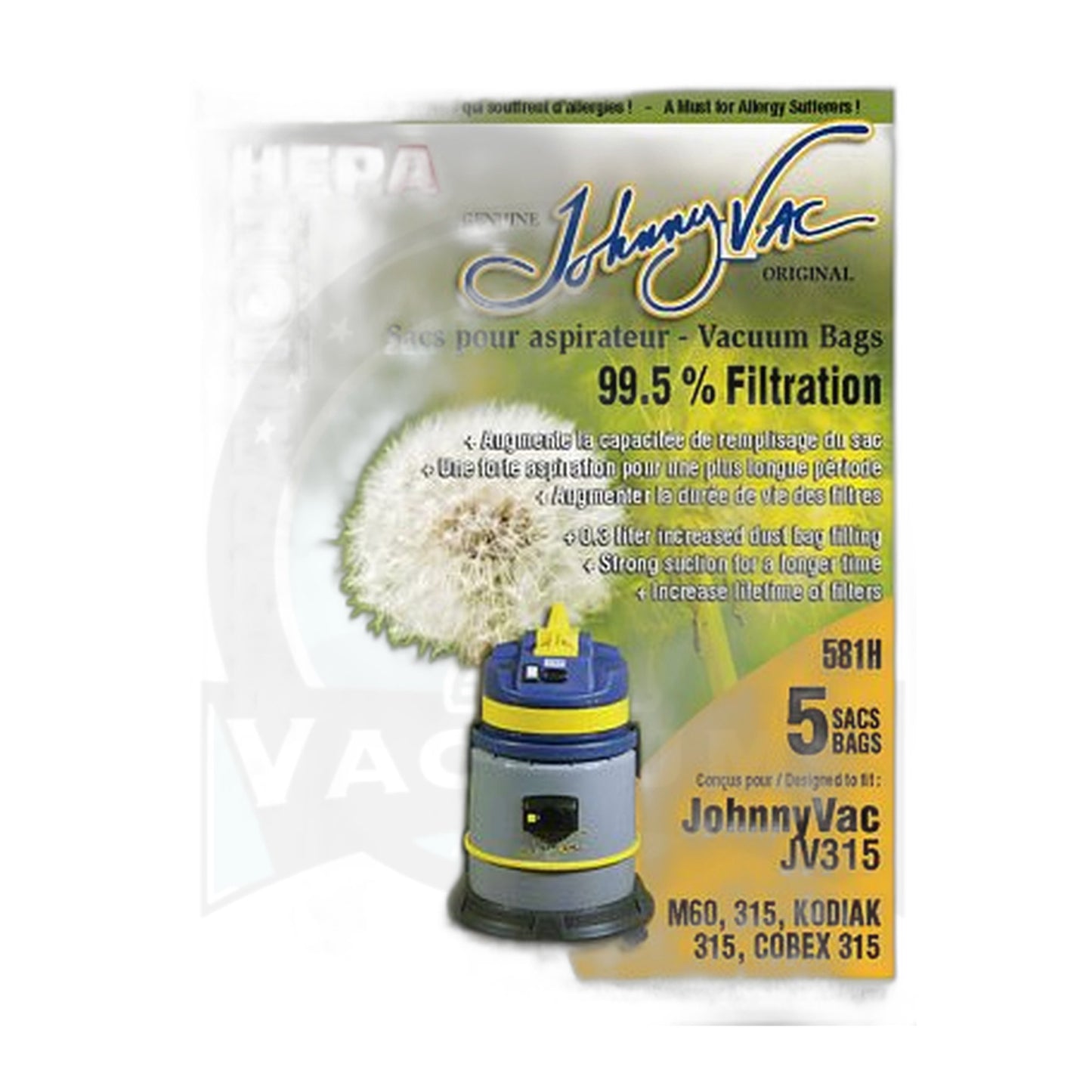 Johnny Vac HEPA Microfilter Bags for JV315, Kodiac 315, Cobex 315, M60 (5-Pack)