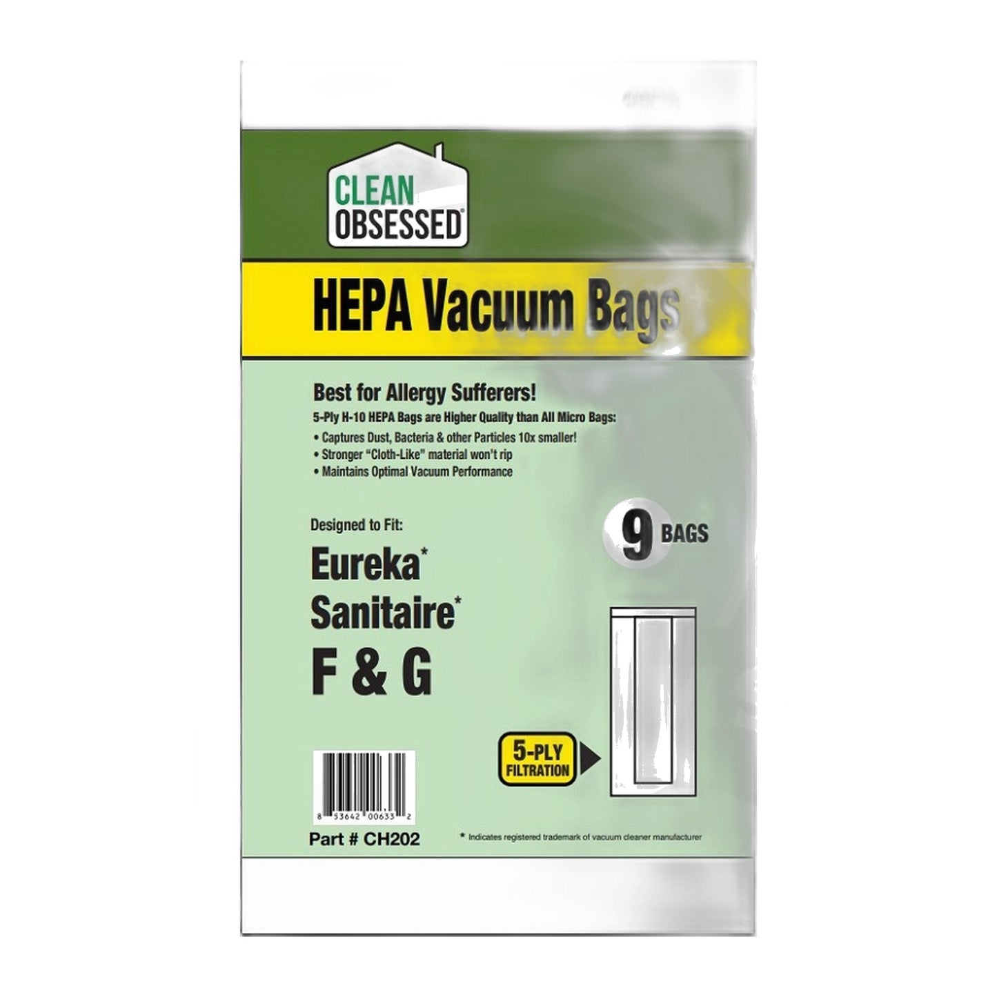 Clean Obsessed Type F&G HEPA Vacuum Bags for Eureka & Sanitaire (9-Pack)