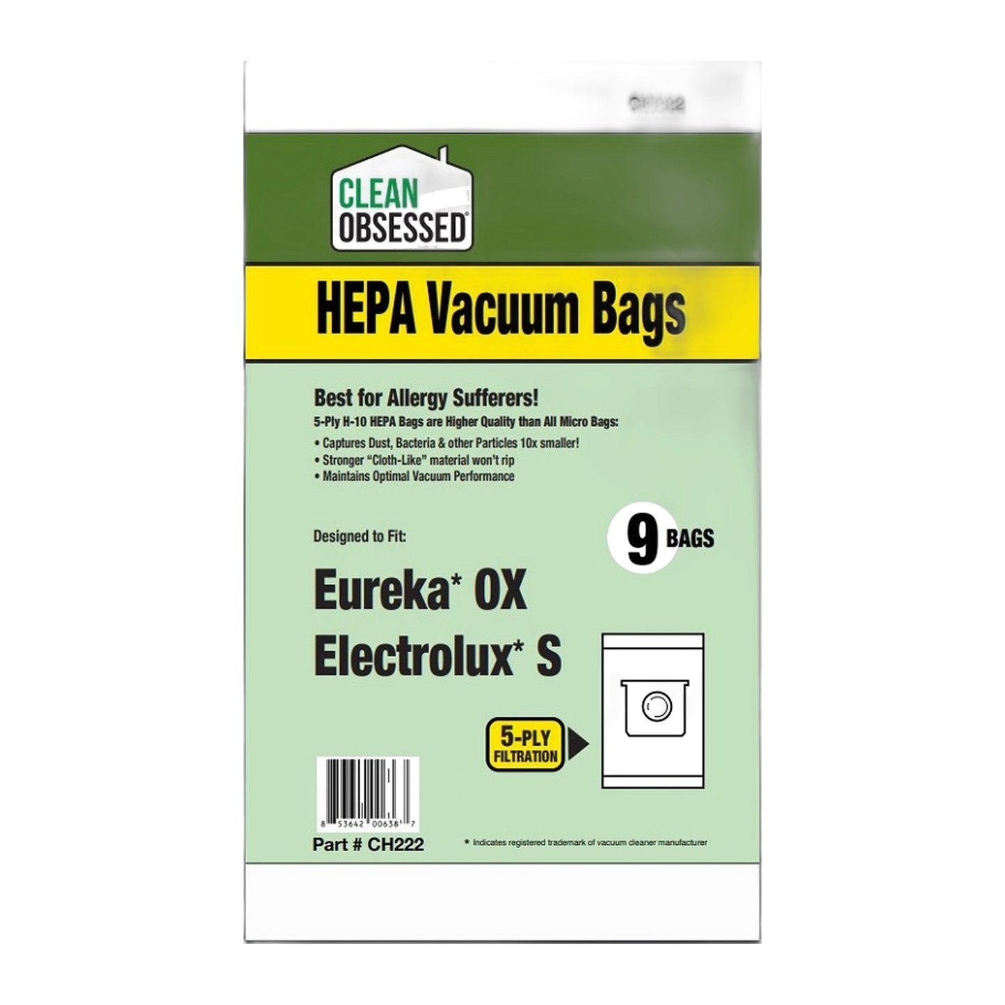 Eureka Type OX / Electrolux Type S HEPA Vacuum Bags, 9-Pack