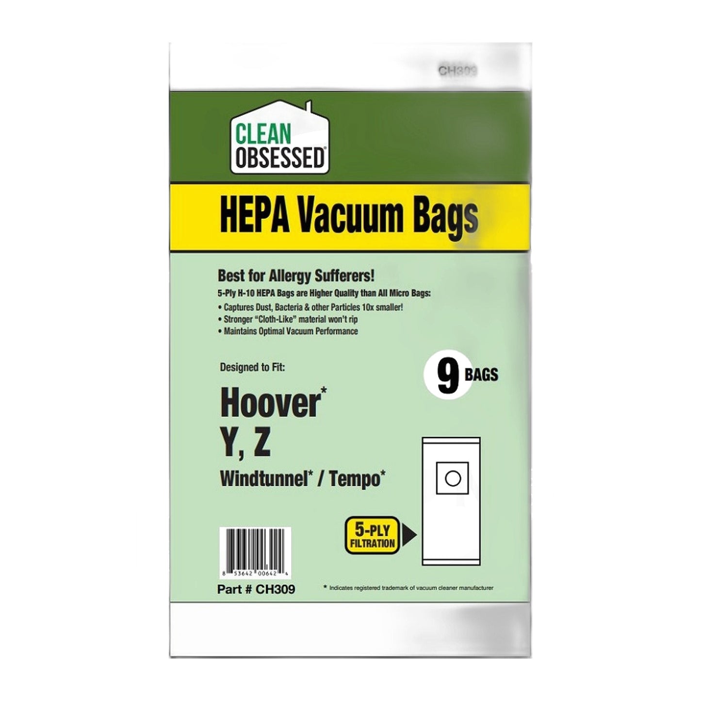 Clean Obsessed Hoover Type Y HEPA Vacuum Bags, 9-Pack (WindTunnel / Tempo)