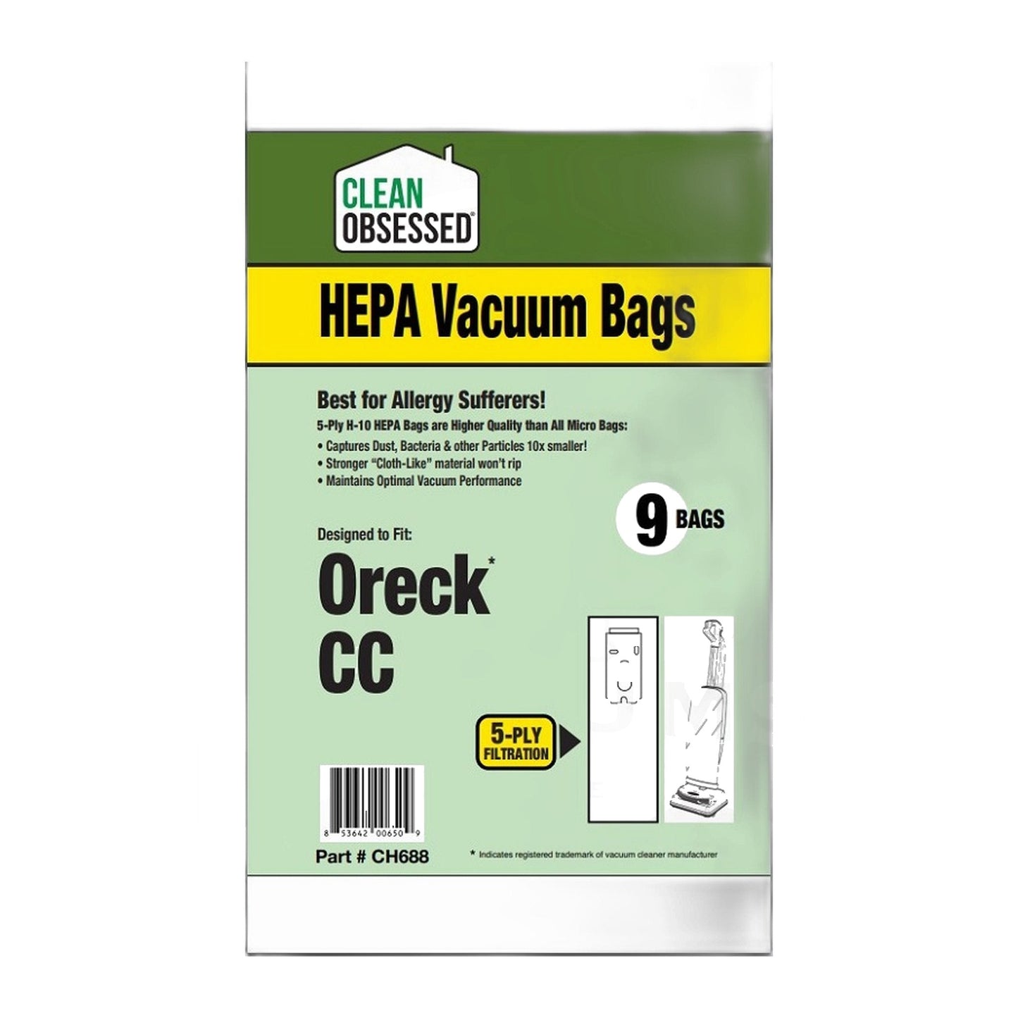 Clean Obsessed Oreck Type CC & XL HEPA Bags 9-Pack for Uprights