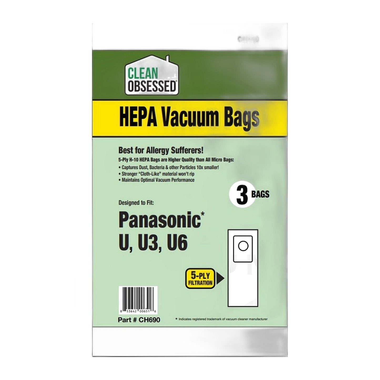 Clean Obsessed Panasonic Type U, U3, U6 HEPA Bags 3-Pack