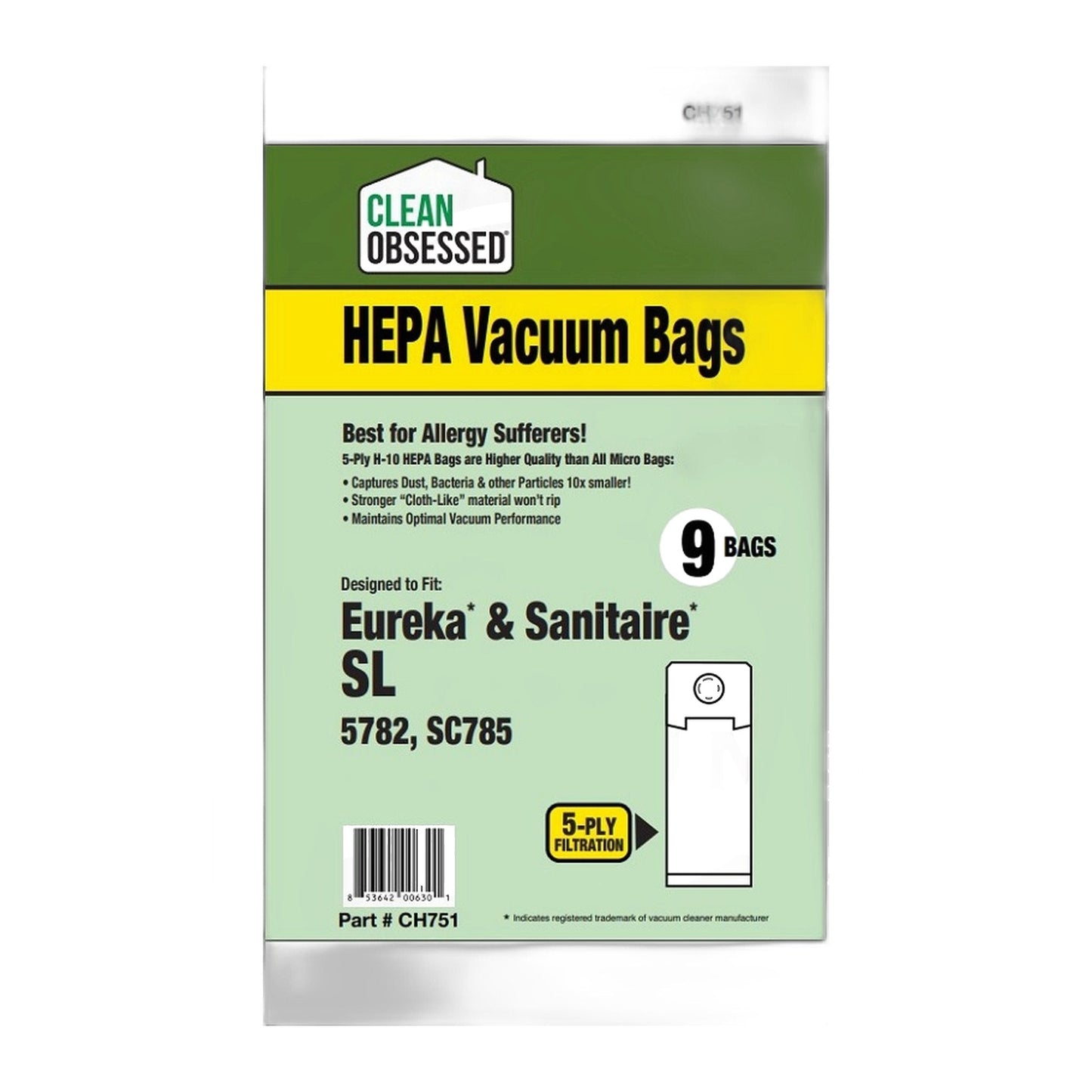Clean Obsessed Type SL HEPA Vacuum Bags for Eureka/Sanitaire S782 & S785 (9-Pack)