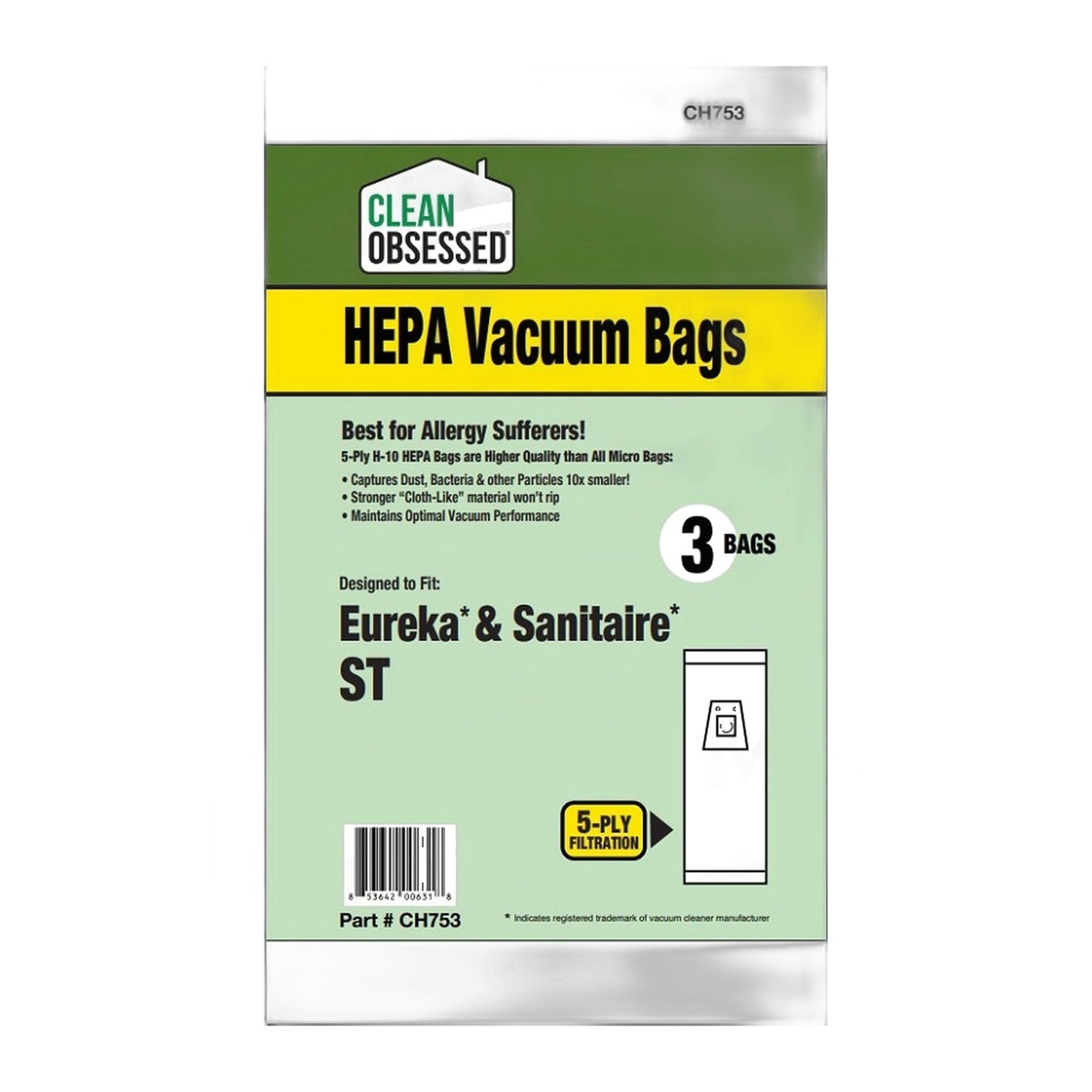 Clean Obsessed Type ST HEPA Vacuum Bags for Eureka & Sanitaire (3-Pack)