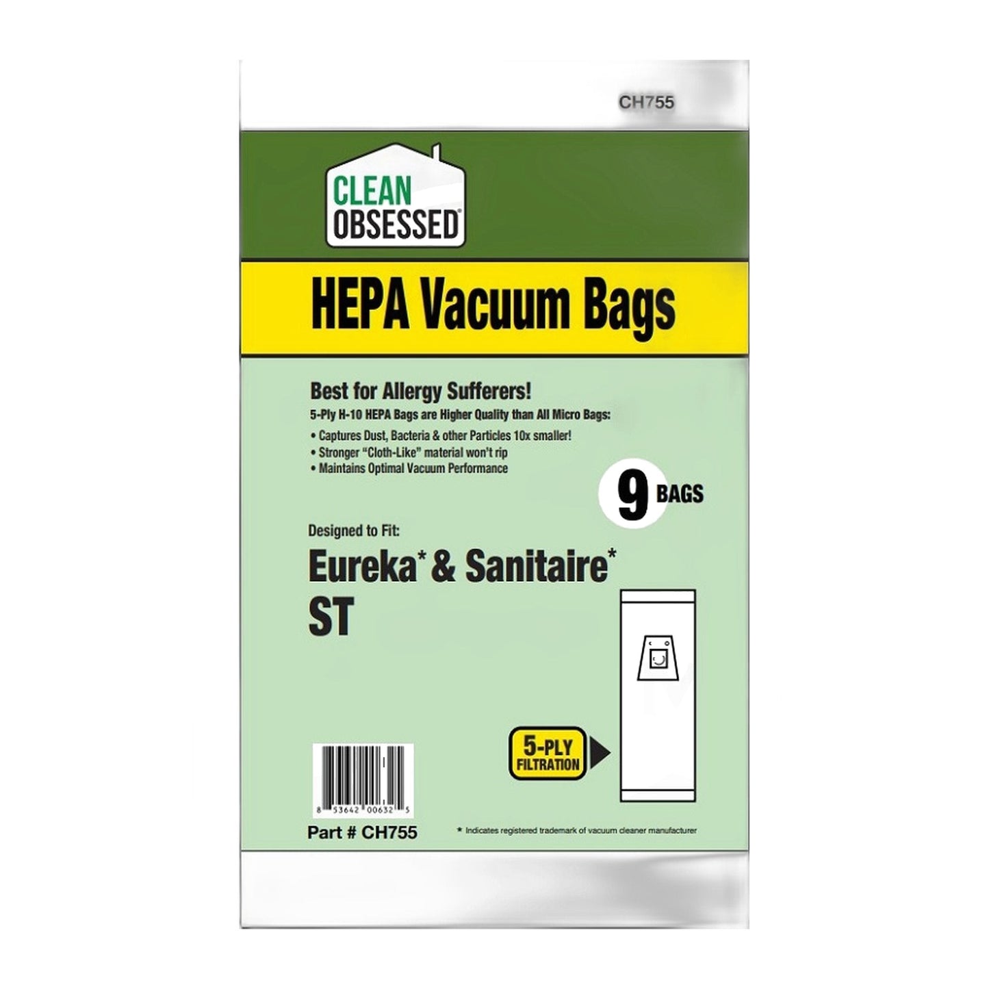 Clean Obsessed Type ST HEPA Vacuum Bags for Eureka & Sanitaire (9-Pack)