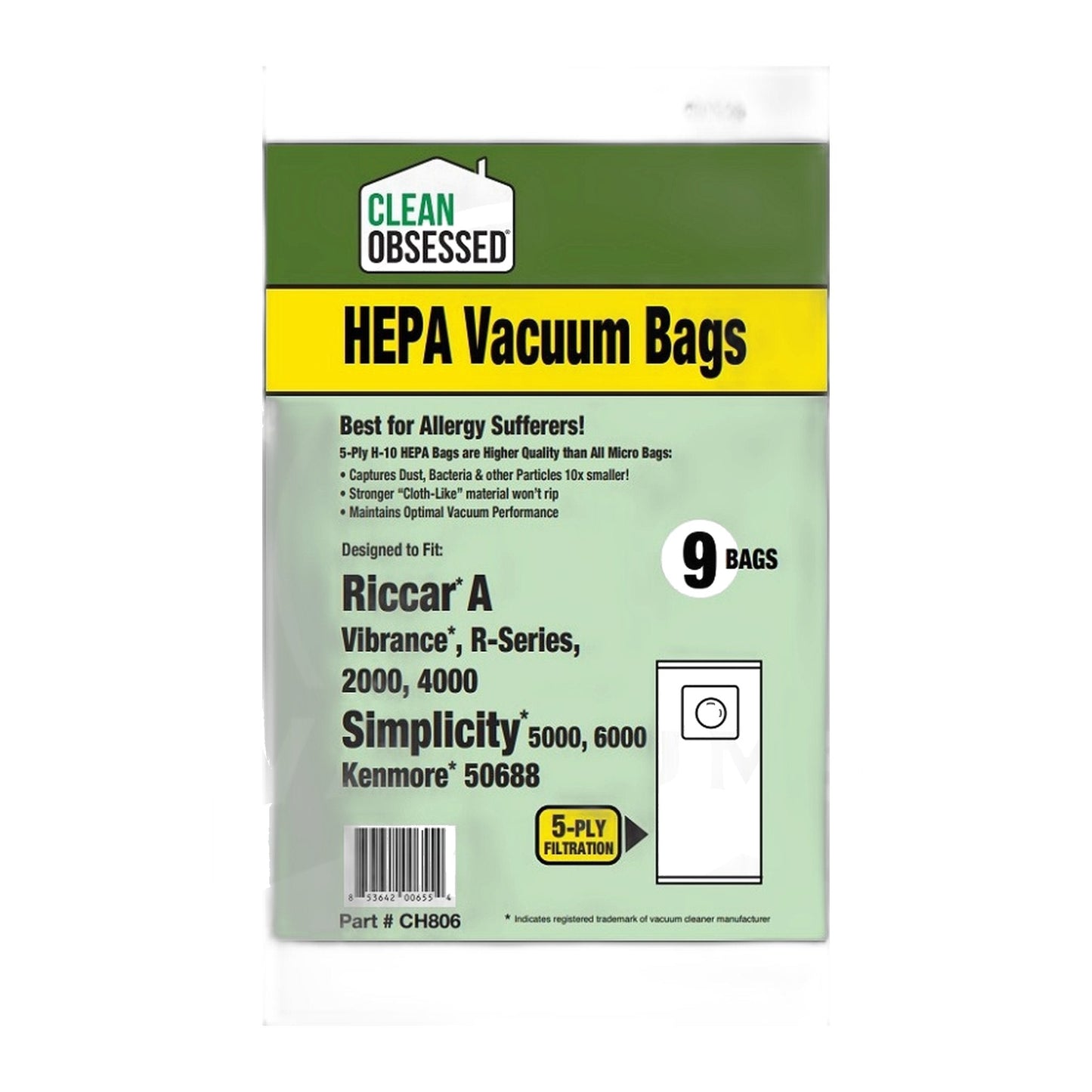 Clean Obsessed Type A Riccar / Simplicity HEPA Vacuum Bags, 9-Pack