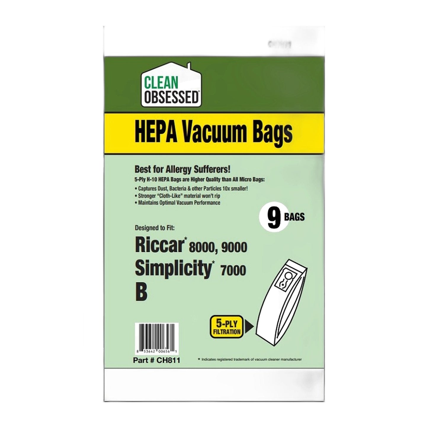Clean Obsessed Type B Riccar / Simplicity HEPA Vacuum Bags, 9-Pack