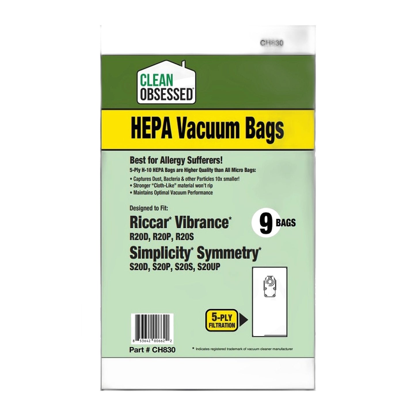 Clean Obsessed Type R20 Riccar Vibrance / Simplicity Symmetry HEPA Bags, 9-Pack