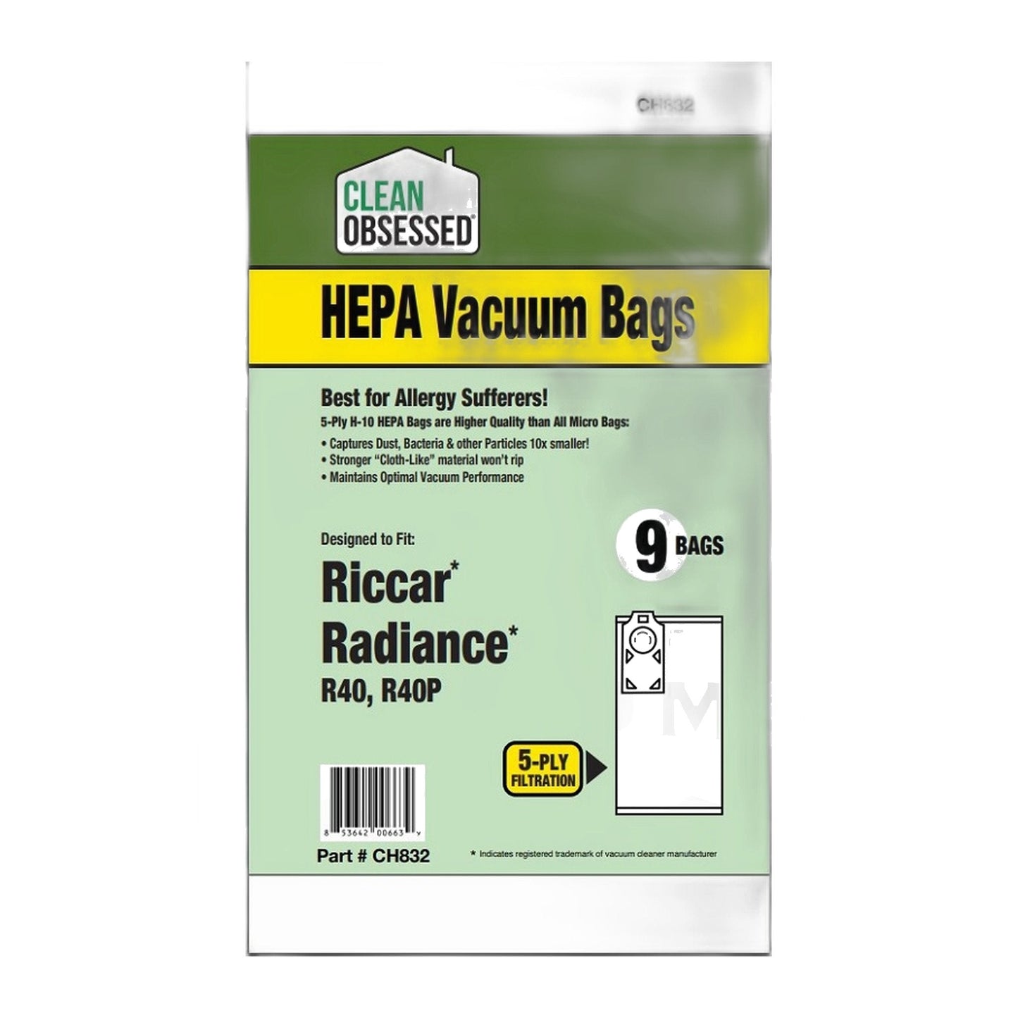 Clean Obsessed Type R40 HEPA Bags for Riccar Radiance, 9-Pack