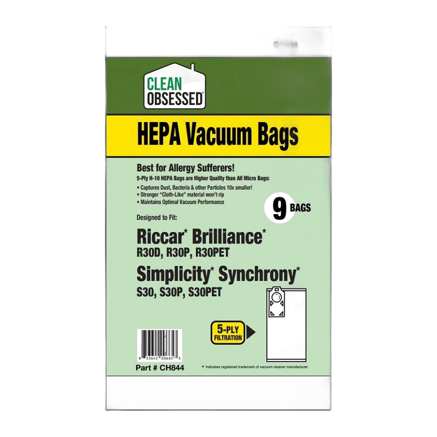 Clean Obsessed Type R30 Riccar Brilliance / Simplicity Synch HEPA Bags, 9-Pack