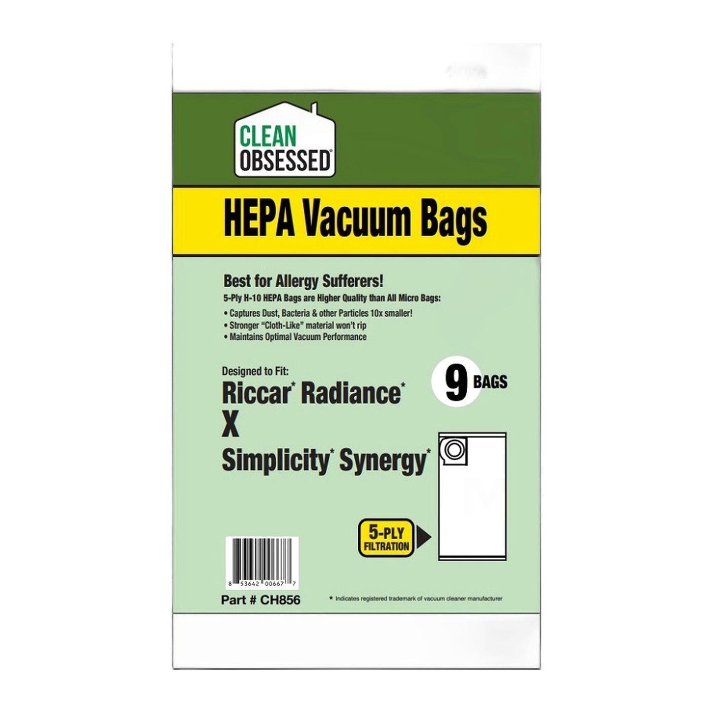 Clean Obsessed Type X HEPA Bags for Riccar Radiance & Simplicity Synergy, 9-Pack