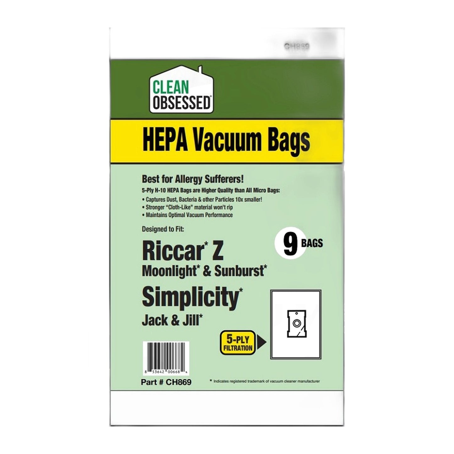 Clean Obsessed Type Z HEPA Bags for Riccar Moonlight & Bissell Zing, 9-Pack