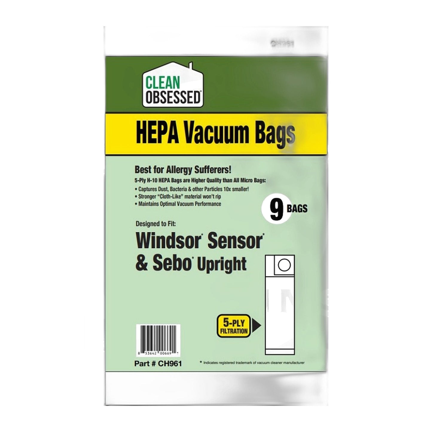 Clean Obsessed HEPA Bags for Windsor Sensor & SEBO Uprights, 9-Pack