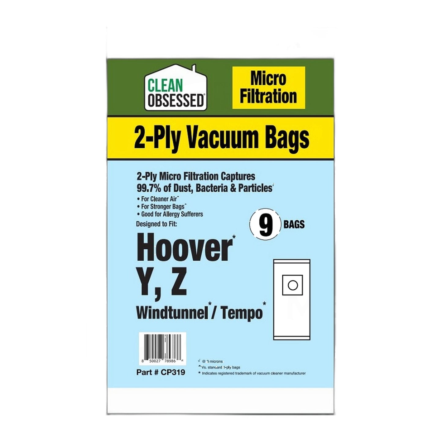 Clean Obsessed Hoover Type Y Micro Filtration Vacuum Bags, 9-Pack