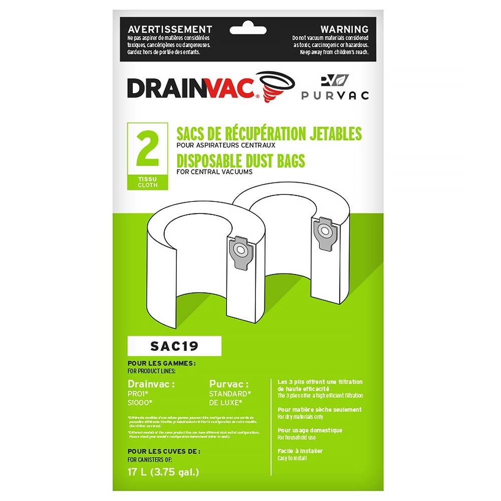 Drainvac SAC-19 cloth vacuum bags in green U.S. packaging