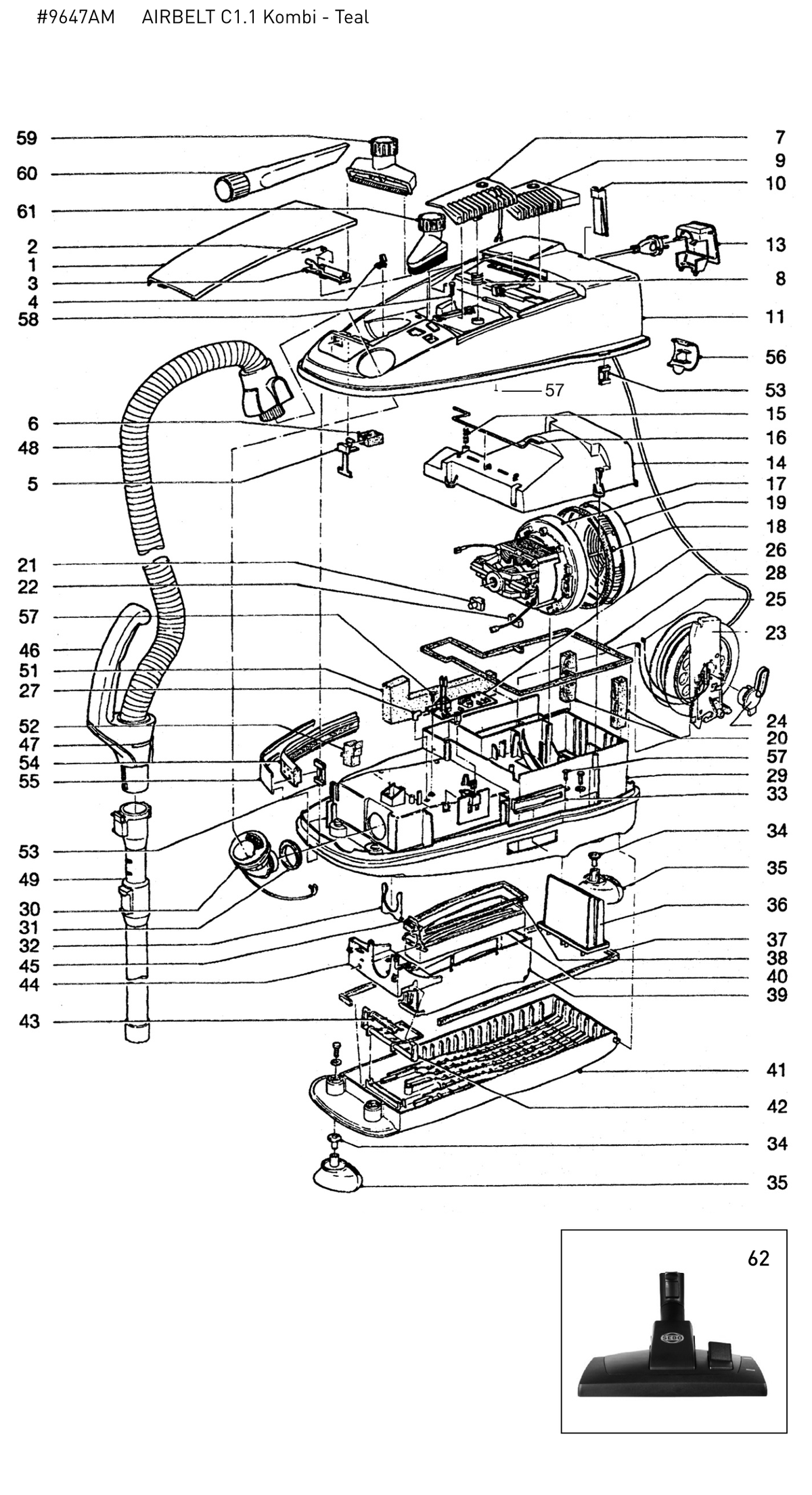 SEBO AIRBELT C1.1 / C2.1 exploded parts diagram