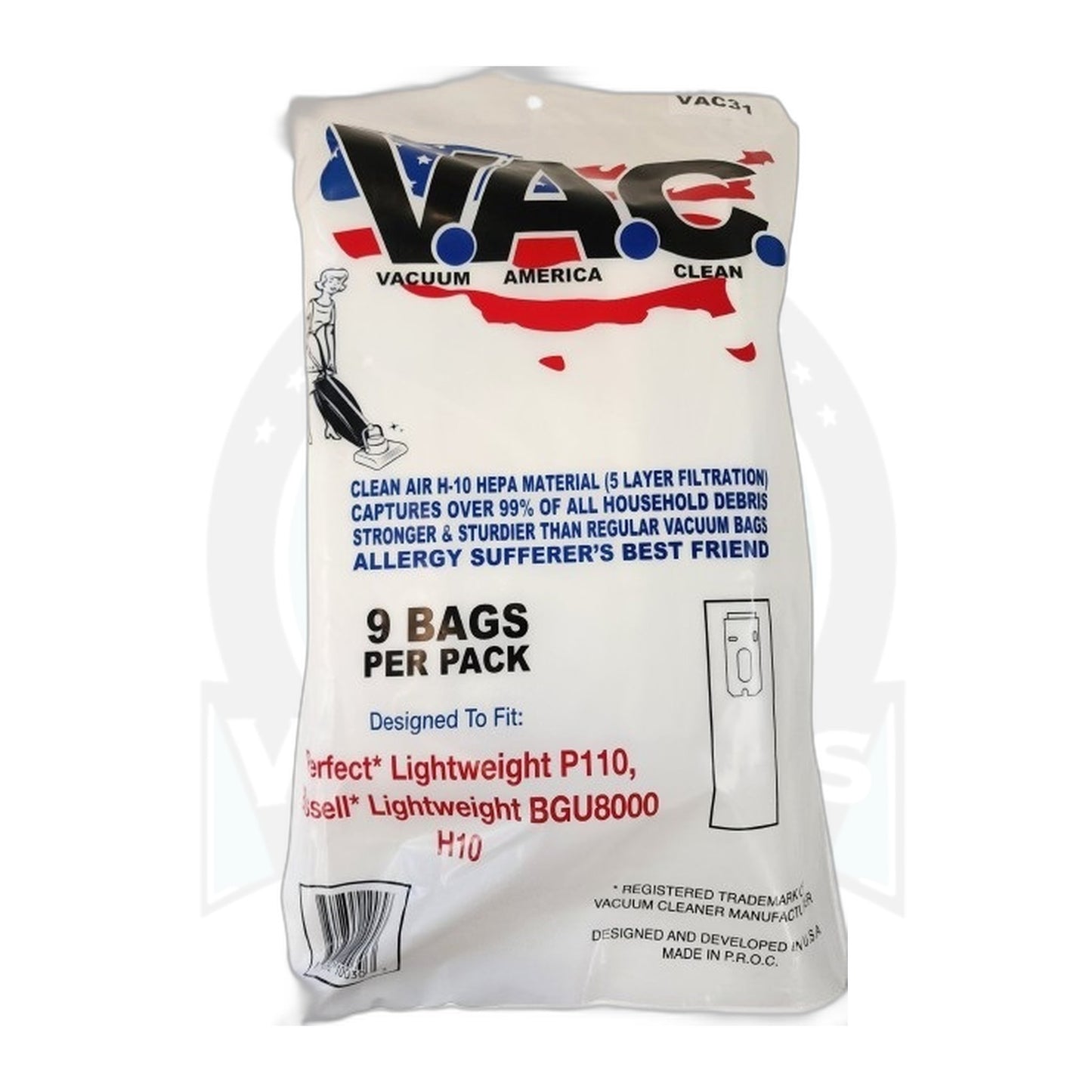 Perfect Lightweight P109 / P110 / CO202 HEPA Bags 9-Pack (Fits Bissell BGU8000)