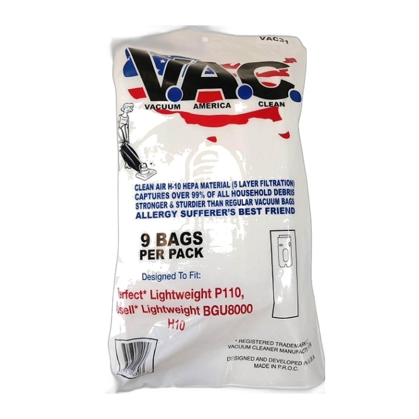 Perfect Lightweight P109 / P110 / CO202 HEPA Bags 9-Pack (Fits Bissell BGU8000)
