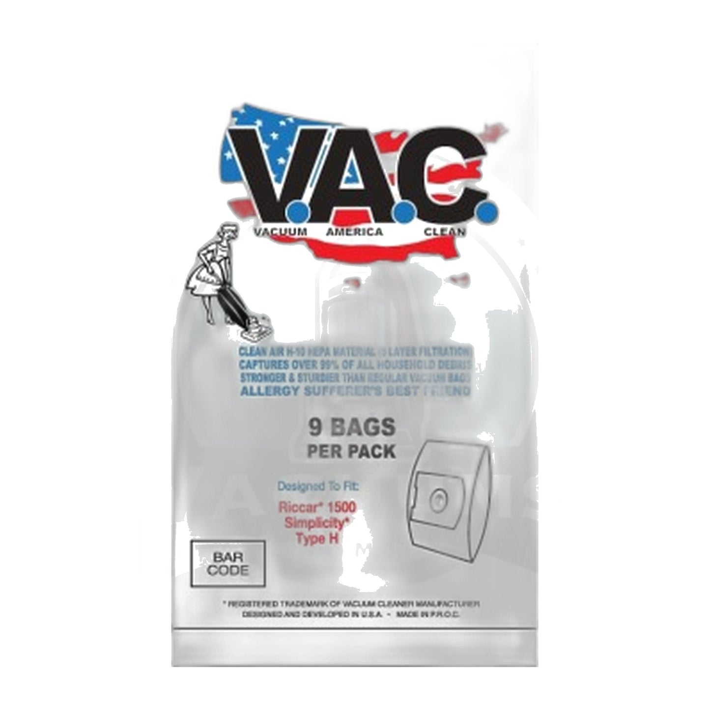 Perfect V.A.C. Type H HEPA Bags for Riccar 1500 & Simplicity, 9-Pack
