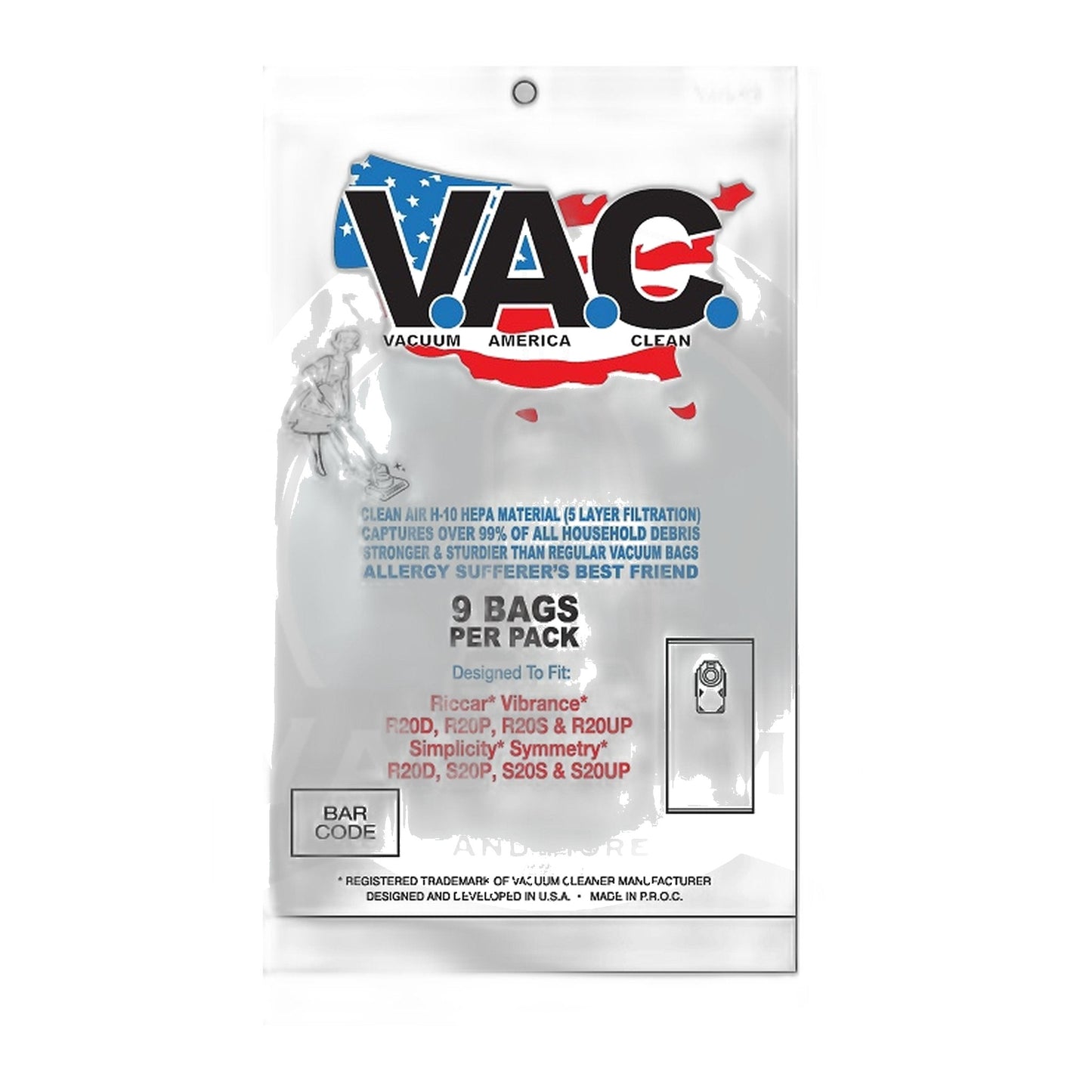 Perfect V.A.C. Type R20 HEPA Bags for Riccar Vibrance & Simplicity Symmetry, 9-Pack