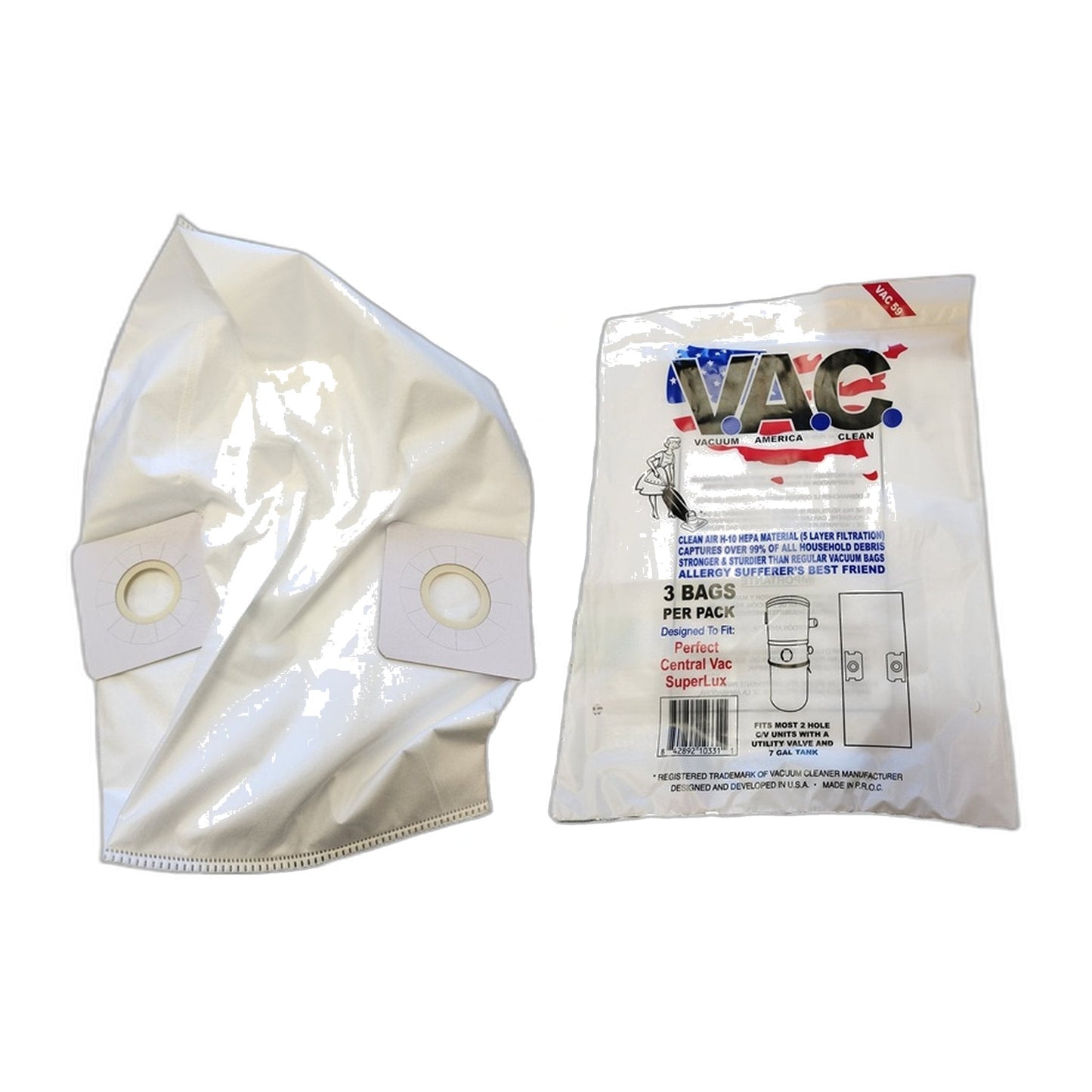 Perfect SuperLux HEPA H-10 2-Hole Central Vacuum Bags, 3-Pack